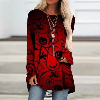 Женская длинная свободная толстовка с длинным рукавом и круглым вырезом с графическим принтом на Хэллоуин XL винный