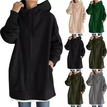 Женская длинная толстовка с капюшоном на молнии, легкая свободная повседневная толстовка с длинным рукавом и карманом L армия зеленый