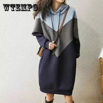 Женская длинная толстовка с капюшоном на весну и осень, повседневное платье с капюшоном в тон, свободная и универсальная толстовка большого размера XXXL