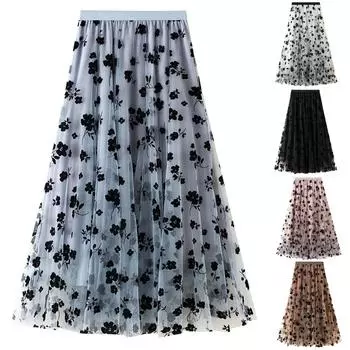 Женская длинная тюлевая юбка с цветочной вышивкой, однотонная сетчатая юбка-миди с высокой талией хаки