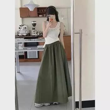 Женская длинная юбка А-силуэта в стиле ретро зеленого цвета с эластичной талией - летняя, с высокой талией, облегающая, свободная посадка, свободный фасон XL серый