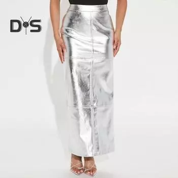 Женская длинная юбка, глянцевая гладкая искусственная кожа с разрезом подол, облегающая рубашка, однотонная лоскутная клубная одежда, вечерние макси-юбка XL зелёный