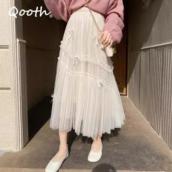Женская длинная юбка из тюля с нежным бантом и кружевом, с большими качелями, милая сетчатая юбка трапециевидной формы с эластичной резинкой на талии на весну и лето QT2313 розовый