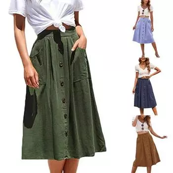 Женская длинная юбка на пуговицах, карманная юбка с высокой талией, повседневная юбка трапециевидной формы S чёрный