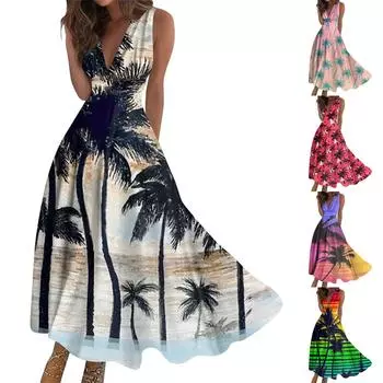 Женская длинная юбка с гавайским цветочным принтом, V-образным вырезом и модная пляжная юбка без рукавов L фиолетовый