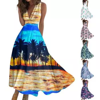 Женская длинная юбка с гавайским цветочным принтом, V-образным вырезом и модная пляжная юбка без рукавов L синий