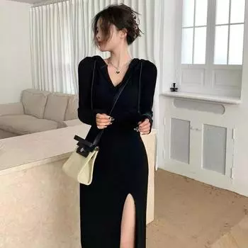 Женская длинная юбка с разрезом на бедрах на весну, лето и осень, тонкое платье с капюшоном