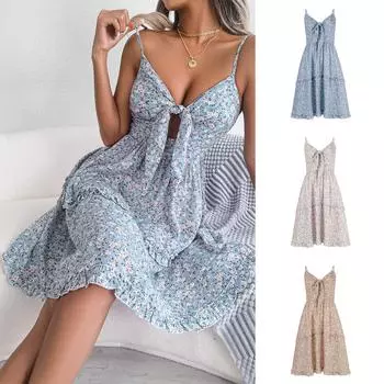 Женская длинная юбка с v-образным вырезом и бантом с принтом и полосой кукушки L синий