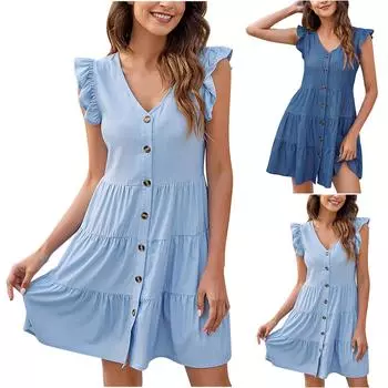 Женская длинная юбка с v-образным вырезом на пуговицах и тонкой талией джинсовое платье с рукавами-крылышками в стиле ретро L светло-синий