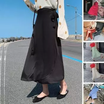 Женская длинная юбка с высокой талией и большим подолом с разрезом на шнуровке, однотонное платье, пляжная одежда с завязкой на талии, юбка трапециевидной формы с запахом, женская одежда чёрный
