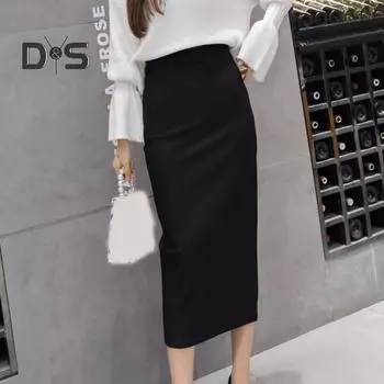 Женская длинная юбка с высокой талией, однотонная, с разрезом сзади, юбка-миди с запахом, офисная женская облегающая юбка M чёрный