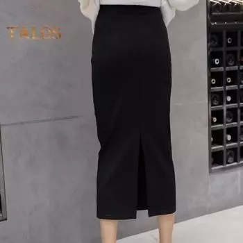 Женская длинная юбка с высокой талией, однотонная, с разрезом сзади, юбка-миди с запахом, офисная женская облегающая юбка M чёрный