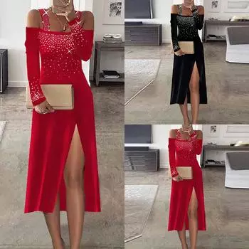 Женская длинная юбка, темперамент, пуловер на одно плечо, платье со средней талией и разрезом S чёрный