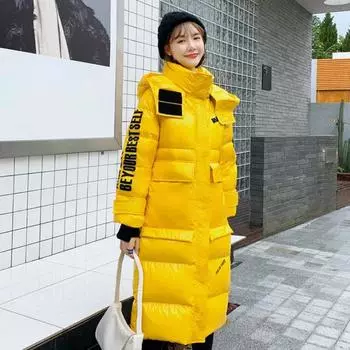 Женская длинная зимняя куртка с глянцевым ветрозащитным капюшоном, теплое био-пуховое пальто, парка большого размера с хлопковой подкладкой S жёлтый