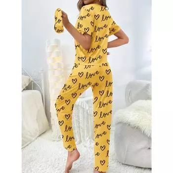 Женская домашняя одежда, брюки с коротким рукавом, пижамы с рисунком «Любовь», повседневные и удобные XS жёлтый