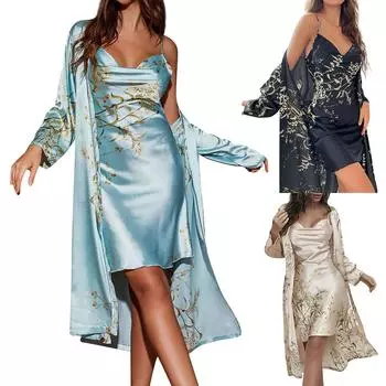 Женская домашняя одежда Four Seasons, ночная рубашка на шнуровке, комплект из двух предметов, тонкая верхняя одежда, пижамный комплект средней длины L чёрный