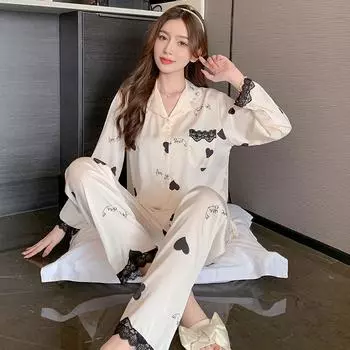 Женская домашняя одежда из 2 предметов Ice Silk на весну и осень, пижамный комплект с длинными рукавами и длинными брюками, милая и милая домашняя одежда с принтом M