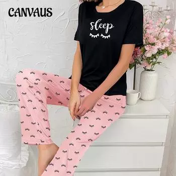 Женская домашняя одежда из молочного шелка с принтом букв, короткие рукава, длинные брюки, женская пижама, костюм S чёрный/розовый