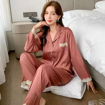 Женская домашняя одежда из шелка Ice Silk на весну и осень, комплект из двух предметов: топ с длинными рукавами и длинные брюки, пижамный комплект, женская модная кружевная домашняя одежда M
