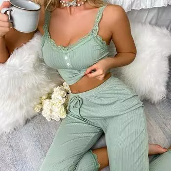 Женская домашняя одежда, кружевные брюки на бретельках, комплект удобных эластичных домашних пижам для отдыха, которые можно носить вне пижамы XL зелёный