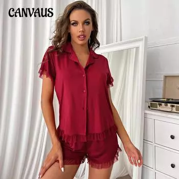 Женская домашняя одежда, летняя красная повседневная рубашка с короткими рукавами, шорты, костюм, пижамный комплект S красный