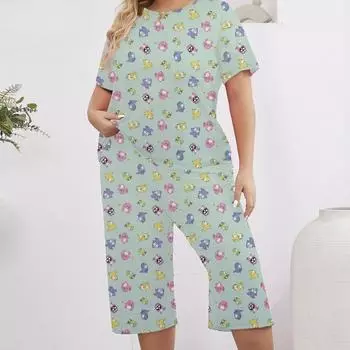 Женская домашняя одежда, напечатанные брюки с короткими рукавами, пижамный комплект из двух частей 1XL