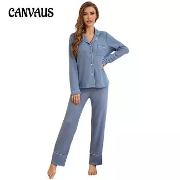 Женская домашняя одежда осень и зима вафельная рубашка с длинными рукавами брюки пижама костюм S синий