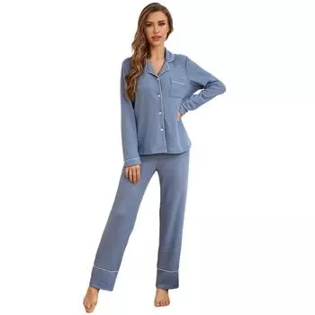 Женская домашняя одежда осень и зима вафельная рубашка с длинными рукавами брюки пижама костюм S синий