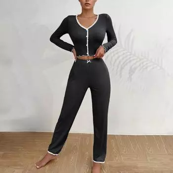 Женская домашняя одежда пижама с длинными рукавами и брюками свободного кроя удобный сексуальный кружевной комплект из двух предметов L чёрный