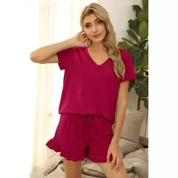 Женская домашняя одежда, пижамный комплект, однотонный, с V-образным вырезом, короткими рукавами, шорты нестандартной формы, спортивный комплект из двух предметов для отдыха и дома S чёрный