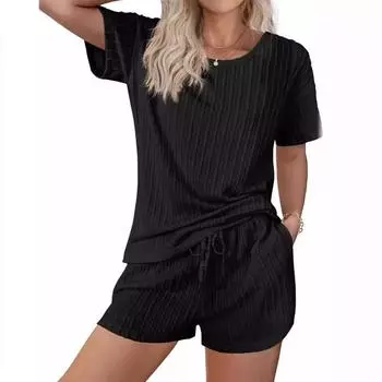 Женская домашняя одежда Пижамный костюм Жареное тесто Жаккардовые трикотажные шорты с короткими рукавами Комплект из двух предметов Костюмы и комплекты для женщин S небесно-голубой