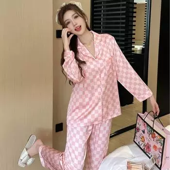 Женская домашняя одежда розового цвета на весну и осень, комплект из двух предметов пижамы Ice Silk, летняя тонкая домашняя одежда с длинным рукавом S