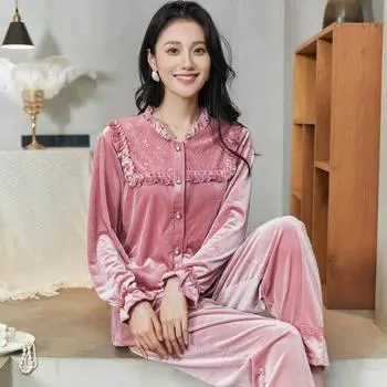 Женская домашняя одежда с длинными рукавами, осенне-зимняя теплая пижама из 2 предметов, свободная повседневная бархатная пижама, сексуальное интимное белье, ночная одежда M розовый