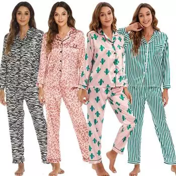 Женская домашняя одежда в европейском и американском стиле, весна-осень, комплект из 2 предметов, длинные рукава, длинные брюки, пижамный комплект, модная атласная домашняя одежда с принтом S