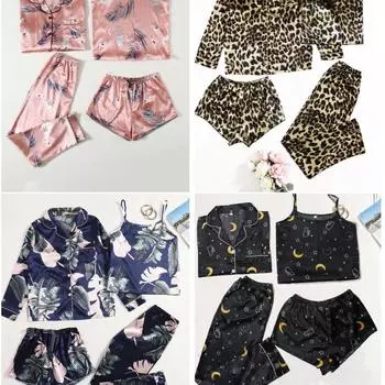 Женская домашняя одежда в европейском и американском стиле, комплект из 4 предметов: майка, шорты, длинные рукава, длинные брюки, пижамный комплект, модная одежда для отдыха с принтом S