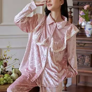 Женская домашняя одежда в стиле ретро-дворцовая пижама, костюм, новый осенний бархатный комплект из 2 предметов, пижама, ночная одежда, свободная повседневная домашняя одежда L белый