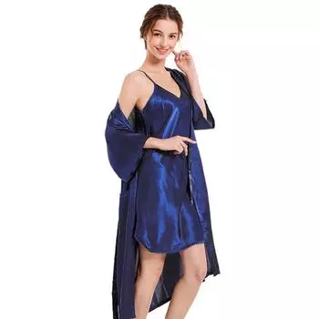 Женская домашняя одежда весна-осень средней длины, однотонная одежда для отдыха, сексуальный халат с V-образным вырезом, комплект из двух предметов, пижамная одежда из ледяного шелка S