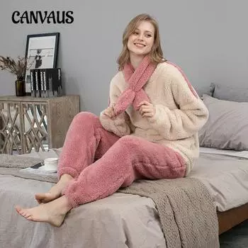 Женская домашняя пижама большого размера из кораллового бархата с длинным рукавом на осень M бежевый