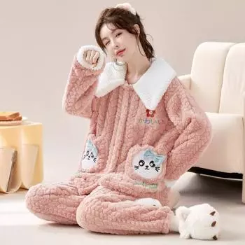 Женская домашняя пижама, свободный большой размер, верхняя одежда, плюшевая утолщенная фланель, милый милый пижамный костюм для девочек из кораллового флиса M розовый