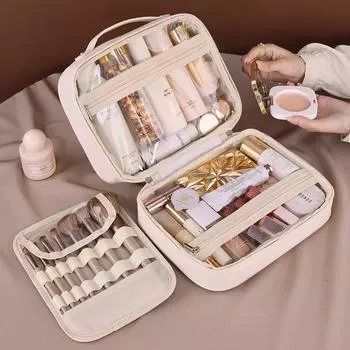 Женская двухслойная косметичка из искусственной кожи для путешествий, прозрачная косметичка с застежкой-молнией, многосекционная, водонепроницаемая, органайзер для туалетных принадлежностей 25X11X18.5CM белый