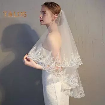 Женская двухслойная кружевная фата с противоскользящей расческой и блестками по краю, фата из тюля, аксессуары для волос невесты бежевый