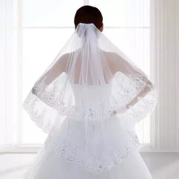 Женская двухслойная кружевная фата Yousheng с противоскользящей расческой, тюлевая вуаль с блестками по краям, аксессуары для волос невесты белый