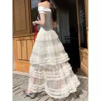 Женская двухслойная юбка-трапеция из кружевной сетки с деревянными ушками L бежевый