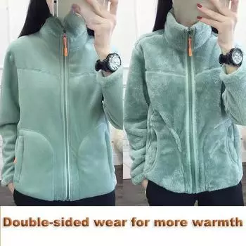 Женская двусторонняя флисовая куртка, модная зимняя бархатная утепленная теплая короткая куртка с воротником-стойкой, уличная куртка, подходящая для женщин M чёрный