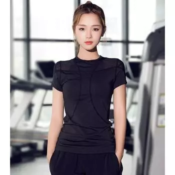 Женская дышащая быстросохнущая футболка для йоги, сетчатые спортивные топы с короткими рукавами для тренировок S чёрный