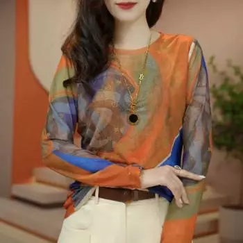 Женская дышащая и элегантная рубашка с длинным рукавом и круглым вырезом в сетку L оранжевый