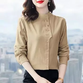 Женская дышащая однотонная рубашка с маленькими пуговицами, повседневные топы 2XL