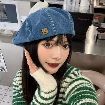 Женская джинсовая беретка, джинсовые береты, шапки художника, весенняя шапка-бини, восьмиугольная кепка в стиле ретро, женские кепки с козырьком для отдыха на открытом воздухе 56-58cm синий