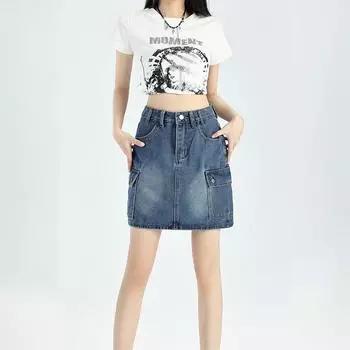 Женская джинсовая короткая юбка средней посадки с эффектом ретро-фэн-шуй Женская джинсовая короткая юбка с эффектом ретро-фэн-шуй XXXL синий