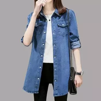 Женская джинсовая куртка больших размеров, длинная джинсовая куртка, пальто, повседневные потертые женские базовые куртки XXXL темно-синий